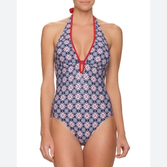 Helen Jon Keyhole 1-Piece Geometric Compass Blue Red White Halter Swim Suit - Picture 1 of 12